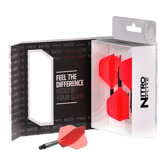 Ailettes Red Dragon Nitroflite - Tige noire, ailettes rouges n°2 Zu sehen ist Red Dragon Nitroflite - Black Shaft Red No2 Flights. Die Dart-Flights zeigen ein Design in Schwarz und Rot.