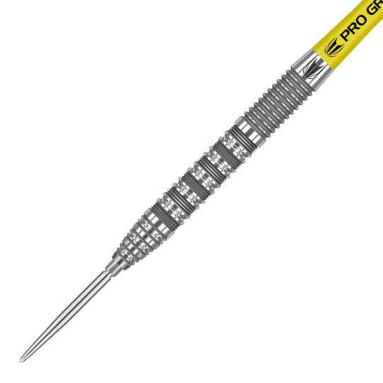 Dies ist ein Target Bolide 01 Swiss Point Steeldart. Der Dart besteht aus Metall und hat einen gelben Schaft mit der Aufschrift "Pro Grip".