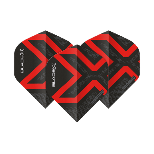 Dies ist ein Winmau Prism Delta Blade X Metallic Red No2 Standard Flight. Das abgebildete Produkt ist in roter Farbe gehalten.