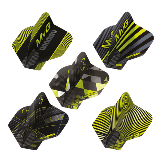 Das Bild präsentiert die Winmau Michael Van Gerwen Prism No2 Standard Flight Collection. Es handelt sich um eine Auswahl an Dart Flights.