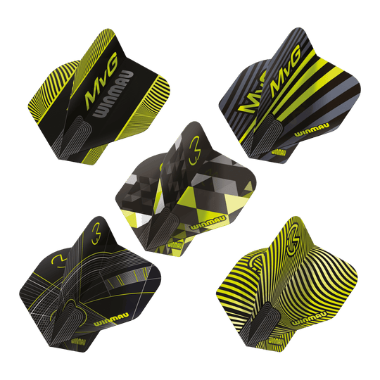 Winmau Michael Van Gerwen Prism No2 Collection de vols standard Das Bild präsentiert die Winmau Michael Van Gerwen Prism No2 Standard Flight Collection. Es handelt sich um eine Auswahl an Dart Flights.