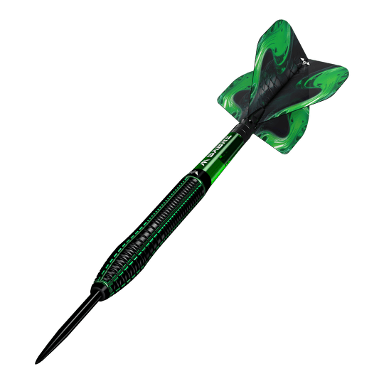 Fléchettes en acier Mission Venom Mission Venom Steeldarts sind als Set dargestellt. Die Barrels zeigen eine verspielte Struktur.