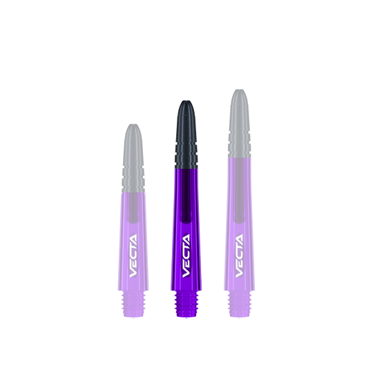 Tiges Winmau Vecta - Violet Noir Das Bild zeigt drei lila und schwarze Dartschäfte der Marke Vecta. Sie sind nebeneinander aufgereiht und haben unterschiedliche Längen.