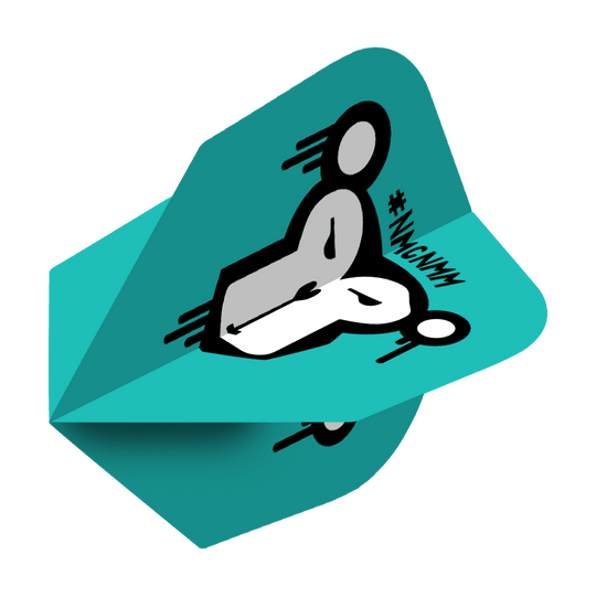 Pas mon cirque, pas mes singes NMCNMM Vols standards Das Bild zeigt ein türkisfarbenes Dart-Flügel mit zwei stilisierten Figuren darauf. Daneben steht der Schriftzug "#NMCNMM".