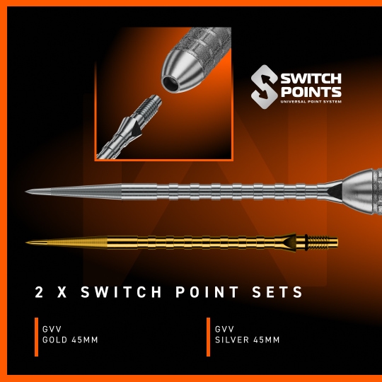 Fléchettes en acier Winmau Gian Van Veen W-MAX Switch Point Winmau Gian Van Veen W-MAX Switch Point Steeldarts werden im Bild präsentiert. Die Darts sind klar und deutlich zu erkennen.