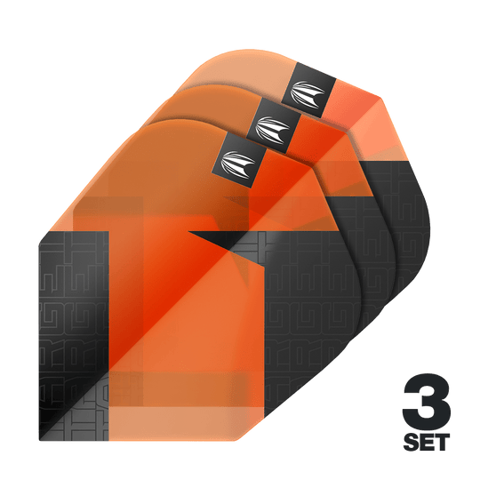 Ailettes standard Target Pro Ultra TAG Orange n° 6 - 3 jeux Das Bild zeigt drei Sätze orangefarbener Dart-Flights mit schwarzem Muster. In der rechten unteren Ecke steht "3 SET".