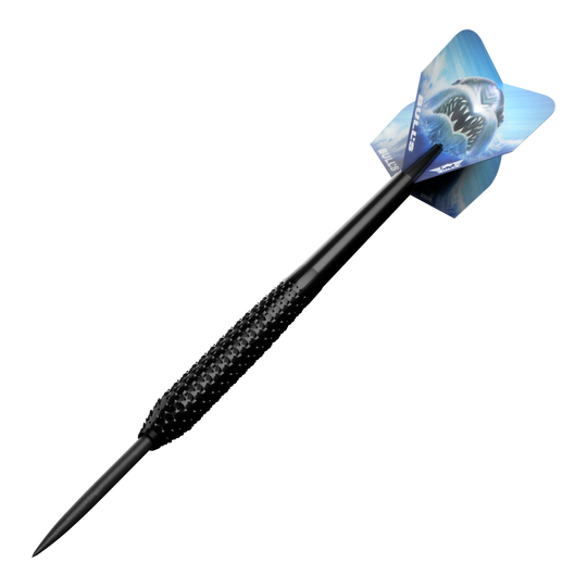 Fléchettes Bulls NL Shark Pro en acier noir Der Bulls NL Shark Pro Black Steeldart ist ein schwarzer Steeldartpfeil mit einer strukturierten Griffzone. Auf dem Flight ist ein bedrohlicher Hai abgebildet.