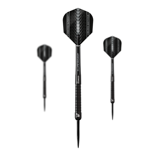 Fléchettes en acier Harrows Supergrip Black Edition Das Bild zeigt drei schwarze Steeldarts der Marke Harrows Supergrip Black-Edition. Die Darts haben ein elegantes Design mit silbernen und schwarzen Akzenten.