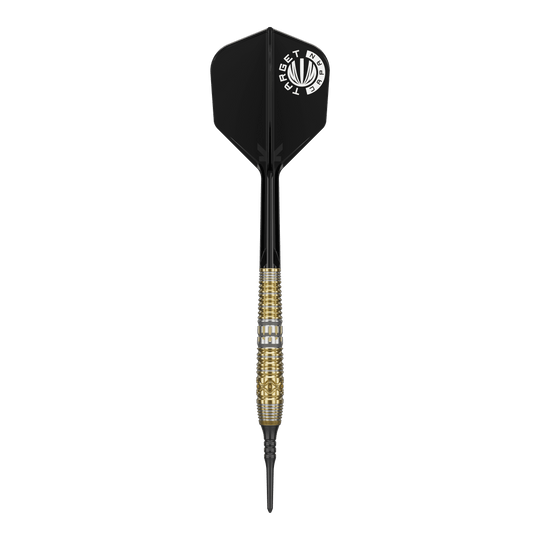 Fléchettes souples Target Japan Hot Shot GEN2 - 19 g Das Bild zeigt einen Softdart mit schwarzem Flight und goldenem Griff. Es handelt sich um das Produkt "Target Japan Hot Shot GEN2 Softdarts - 19g".