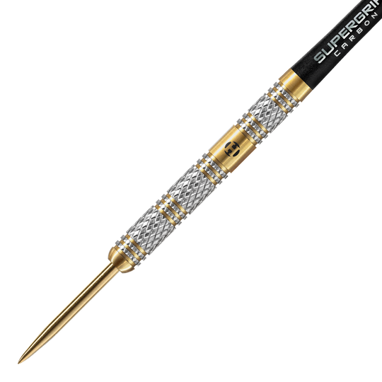 Fléchettes en acier Magnum édition anniversaire Harrows Das Bild zeigt einen Harrows Anniversary Edition Magnum Steeldart. Der Dartpfeil hat ein silber-goldenes Design mit einer schwarzen Spitze am hinteren Teil.