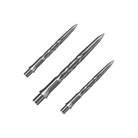 Pointes de fléchettes en acier Caliburn System - HAN G2 - Argent Auf dem Bild sind drei silberne Steeldartspitzen zu sehen. Sie haben eine spitz zulaufende Form mit eingeritztem Muster.