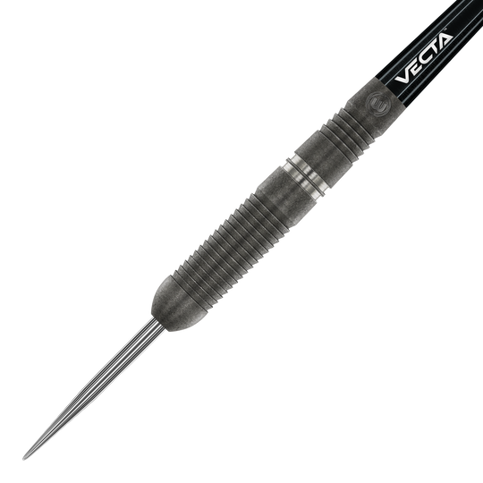 Fléchettes en acier Winmau Callisto 03 Das Bild zeigt einen Winmau Callisto 03 Steeldart. Der Dart hat ein geriffeltes, schwarzes Barrel und eine spitze Metallspitze.