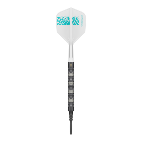 Fléchettes souples Target Rob Cross 95K Swiss Point - 18 g Der Target Rob Cross 95K Swiss Point Softdart wiegt 18 Gramm und hat ein auffälliges, strukturiertes Barrel. Die Flight ist weiß mit türkisfarbenem Muster und der Aufschrift "VOLTAGE".