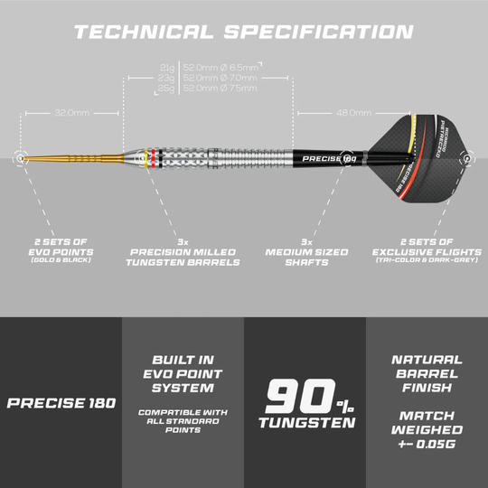 Fléchettes en acier Precise 180 Ricardo Pietreczko GEN1 Precise 180 Ricardo Pietreczko GEN1 Steeldarts sind Steeldarts, die mit Ricardo Pietreczko entwickelt wurden. Sie sind für den professionellen Dartgebrauch geeignet.