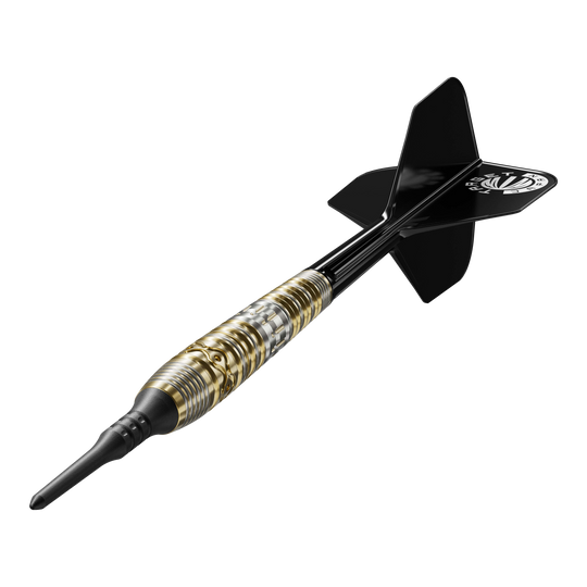 Fléchettes souples Target Japan Hot Shot GEN2 - 19 g Das Bild zeigt einen Softdartpfeil namens "Target Japan Hot Shot GEN2 Softdarts - 19g". Der Dart hat ein schwarz-goldenes Design mit einer schwarzen Spitze und schwarzen Flights.