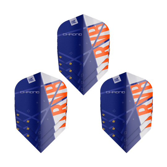 Das Bild zeigt drei Sätze von Target Pro Ultra Raymond Van Barneveld Chrono No6 Flights für Darts. Die Flights sind hauptsächlich blau mit orange-weißen Akzenten und geometrischem Design.