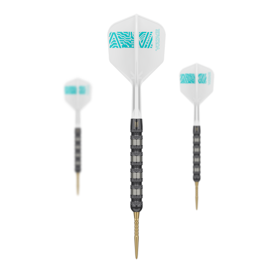 Fléchettes en acier Target Rob Cross 95K Swiss Point Das Bild zeigt drei Target Rob Cross 95K Swiss Point Steeldarts. Die Darts haben schwarze Griffe, goldene Spitzen und weiße Flights mit türkisfarbenem Muster.