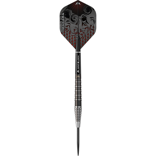 Das Bild zeigt einen Mission Makara M2 Steeldart mit einem Gewicht von 23 Gramm. Der Dart hat ein auffälliges Design mit schwarzen und roten Verzierungen auf dem Flight.
