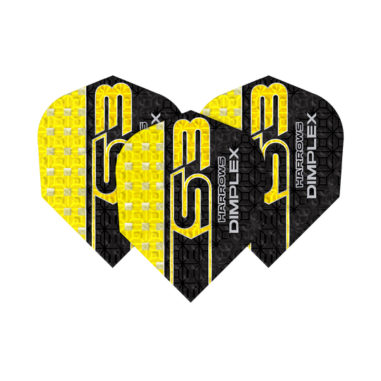 Vols Harrows Dimplex S3 - Jaune Das Bild zeigt drei gelbe und schwarze Dartflights des Modells "Harrows Dimplex S3". Auf den Flights steht der Schriftzug "S3 HARROWS DIMPLEX".
