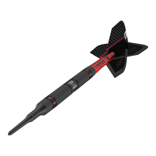 Target Scope 10 fléchettes souples Das Bild zeigt einen modernen Softdart mit dem Namen "Target Scope 10 Softdarts". Der Dart ist schwarz und rot gestaltet und hat eine auffällige, strukturierte Oberfläche sowie eine schwarze Flight.