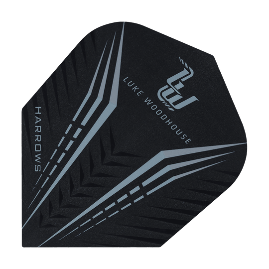 Das Bild zeigt einen Harrows Prime Luke Woodhouse Standard Flight. Das Design ist schwarz mit silbernen Linien und dem Namen "Luke Woodhouse" darauf.