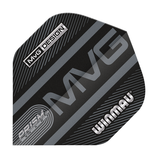 6915-187_Winmau_Prism_Alpha_MvG_Standard_Flights_1k6tx8xsfumvsc Das Bild zeigt ein schwarzes Dart-Flight mit silbernen Streifen und der Aufschrift „MvG“, „WINMAU“, „PRISM ALPHA“ und „MvG DESIGN“. Es handelt sich um das Produkt „Winmau Prism Alpha MvG Standard Flights“.