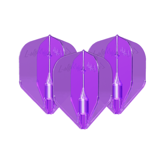 Vols L-Style Fantom L3EZ Violet Das Bild zeigt drei violette L-Style Fantom L3EZ Flights für Darts. Sie sind nebeneinander angeordnet und haben eine glänzende, transparente Oberfläche.