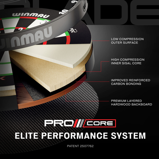 Cible de fléchettes en acier Winmau Blade X ProCore Das Bild zeigt einen weiteren Blick auf das Winmau Blade X ProCore Steeldartboard. Die Aufnahme fokussiert auf die Oberfläche und das Segment-Design.