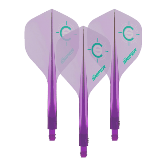 Système de vol Condor Ax 120 Connor Scutt Sniper violet clair - Standard Das Bild zeigt drei lilafarbene Dart-Flights des Modells „Condor Axe 120 Connor Scutt Sniper Clear Purple“. Auf den Flights ist ein grünes Ziel-Logo sowie das Wort „Sniper“ zu sehen.