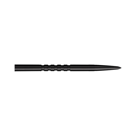 Pointes de fléchettes en acier Shot Grip Point - Noires Auf dem Bild ist eine schwarze Stahl-Dartspitze mit Rillen in der Mitte zu sehen. Sie ist lang und hat eine spitze Form.