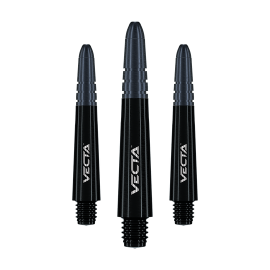 Tiges Winmau Vecta - Noir Auf dem Bild sind drei schwarze Dart-Schäfte mit der Aufschrift "Vecta" zu sehen. Sie sind unterschiedlich groß und haben ein modernes, glänzendes Design.