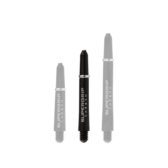 HR355_Harrows_Supergrip_Carbon_Shafts_Silber_40mm_1 Das Bild zeigt drei verschiedene Längen der Harrows Supergrip Carbon Shafts in Silber. Die Schäfte sind schwarz mit silberner Beschriftung und silbernem Ring.
