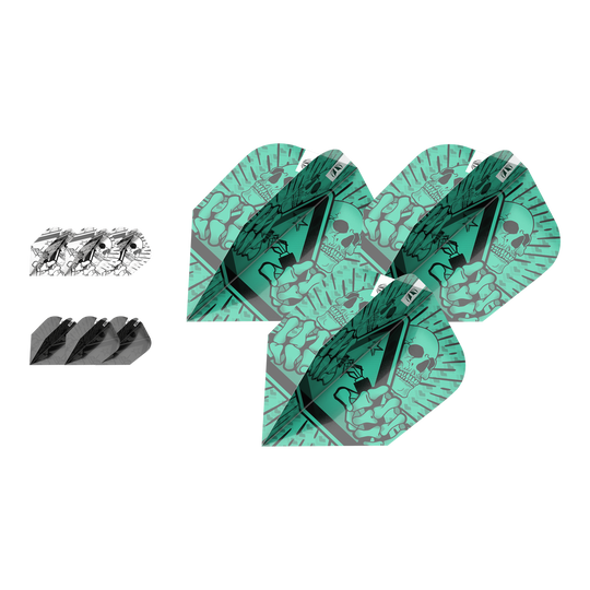 Target Ink Bundle 3 ensembles de vols Rob Cross Ten-X Das Bild zeigt das Produkt „Target Ink Bundle 3 Sets Rob Cross Ten-X Flights“. Es sind drei verschiedene Dart-Flights mit auffälligen Mustern zu sehen, darunter ein grünes Design mit Totenkopf.