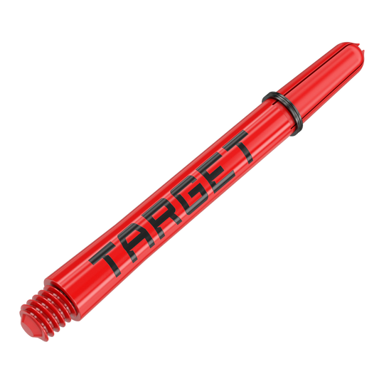 Tiges Target Pro Grip TAG - 3 jeux - Rouge Auf dem Bild ist ein roter Dart-Schaft mit der Aufschrift "TARGET" zu sehen. Der Schaft hat am Ende ein Schraubgewinde und einen schwarzen Gummiring.