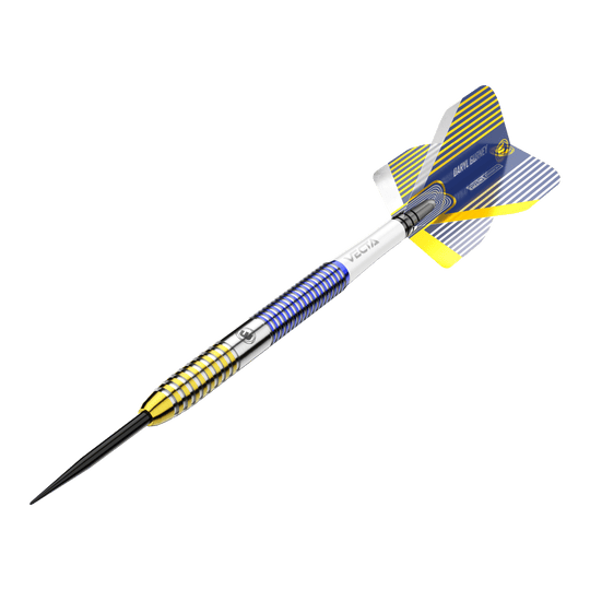 Fléchettes Winmau Daryl Gurney SC 1.0 Series - 23 g Das Bild zeigt einen Winmau Daryl Gurney SC 1.0 Series Steeldart mit einem Gewicht von 23g. Der Dart ist bunt gestaltet, hauptsächlich in Blau, Gelb und Silber.