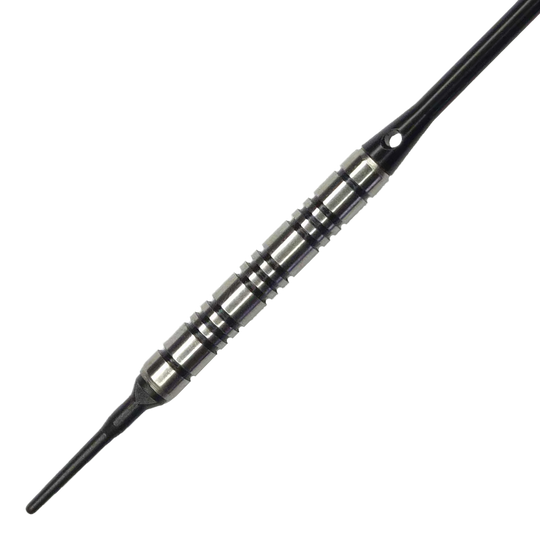 Fléchettes souples McDart 85 Tungsten V2 - 17 g Das Bild zeigt einen McDart 85er Tungsten V2 Softdart mit einem Gewicht von 17g. Der Dart besteht aus silbernem Metall mit schwarzen Rillen und besitzt eine schwarze Kunststoffspitze.