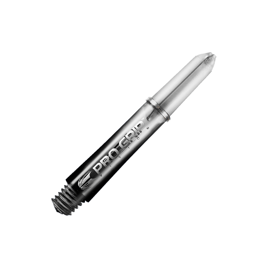 Tiges Target Pro Grip Vision - 3 jeux - Noires Das Bild zeigt einen schwarzen Pro Grip Vision Shafts von Target mit einer Länge von 34 mm. Der Schaft hat ein glänzendes Finish und ist mit einem Schraubgewinde ausgestattet.