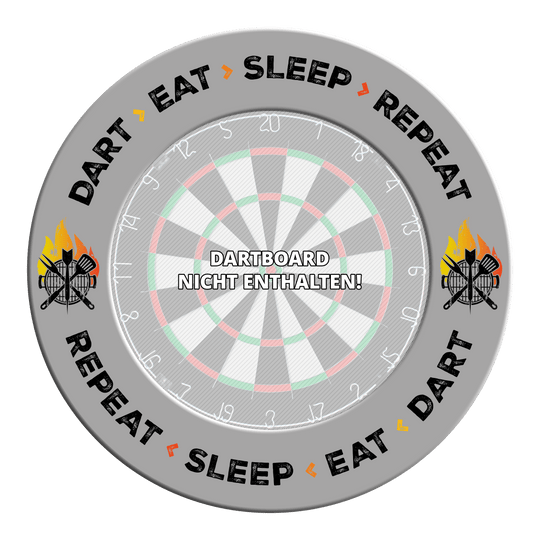 McDart Dartboard Surround - Dart Eat Sleep Repeat Grau gefärbtes Dartboard-Surround mit dem Text 'Dart Eat Sleep Repeat'. Das Bild präsentiert eine Detailansicht des Produkts.