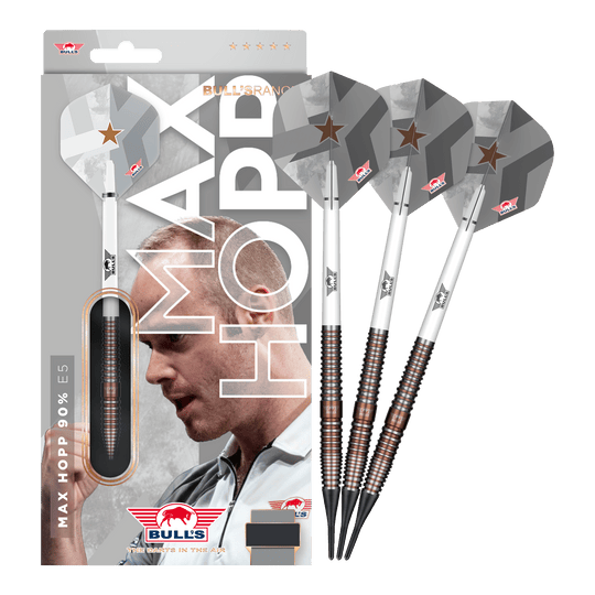 Fléchettes souples Bulls NL Max Hopp E5 - 20 g Zu sehen ist das Set Bulls NL Max Hopp E5 Softdarts im Gewicht 20g. Die Darts sind ideal für Softdart-Enthusiasten geeignet.