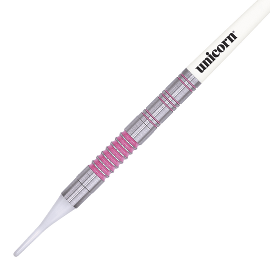 06033_Unicorn_Autograph_Softdarts_2 Das Bild zeigt einen Unicorn Autograph Softdart mit einem Gewicht von 19 Gramm. Der Dart hat ein silbernes Barrel mit rosa Ringen und eine weiße Spitze.