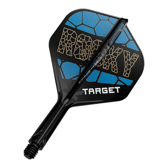 Système de tige de vol standard Target K-Flex Josh Rock n° 2 Auf dem Bild ist ein Dart-Flight-System mit der Aufschrift „ROCKY“ in gelber Schrift zu sehen. Das Design ist schwarz und blau und darunter steht das Wort „TARGET“.