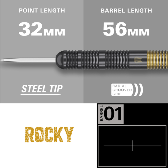 Fléchettes en acier laiton Target Josh Rock - 22 g Das Bild zeigt den Target Josh Rock Brass Steeldart mit einer Stahlspitze. Die Spitzenlänge beträgt 32 mm und die Barrel-Länge 56 mm, mit radial gerilltem Griff.