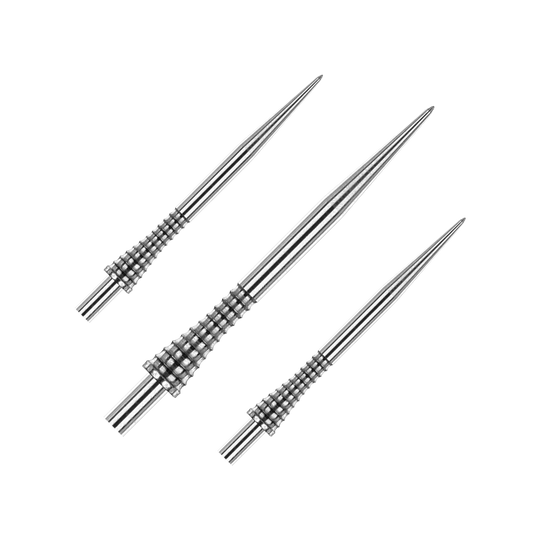 Pointes de fléchettes Red Dragon Raptor Gripped en acier argenté 38 mm Das Bild zeigt drei silberne Steeldartspitzen mit geriffeltem Griffdesign. Es handelt sich um das Produkt "Red Dragon Raptor Gripped Silver Steeldartspitzen 38mm".