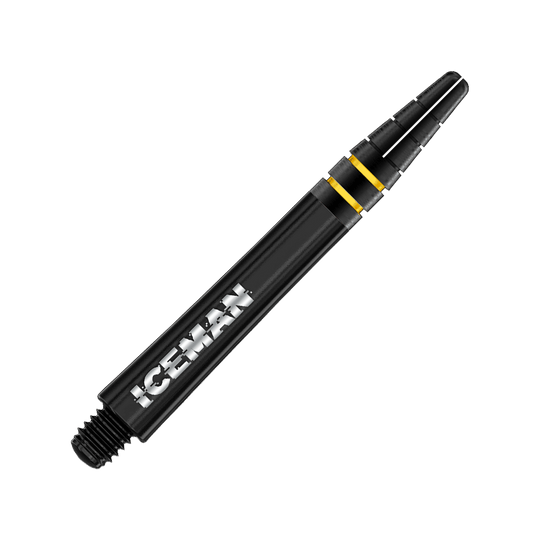 C818_Red_Dragon_Nitrotech_Gerwyn_Price_Shafts_Schwarz_39mm_2 Das Bild zeigt einen schwarzen Dart Shaft mit der Aufschrift "ICEMAN" und goldenen Akzenten. Es handelt sich um das Produkt "Red Dragon Nitrotech Gerwyn Price Shafts Schwarz - 39mm".