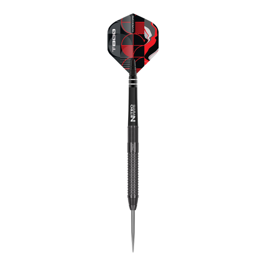 Fléchettes en acier Red Dragon T-800 Das Bild zeigt einen Red Dragon T-800 Steeldart mit einer schwarzen, strukturierten Oberfläche. Die Dartflügel sind schwarz-rot gemustert und tragen den Schriftzug "T-800".
