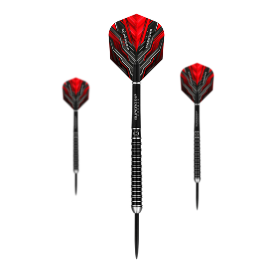 Fléchettes en acier Harrows Supergrip Ultra Das Bild zeigt drei Harrows Supergrip Ultra Steeldarts mit roten Flights. Die Darts haben einen schwarzen Schaft mit silbernen Ringen und spitzen Metallspitzen.