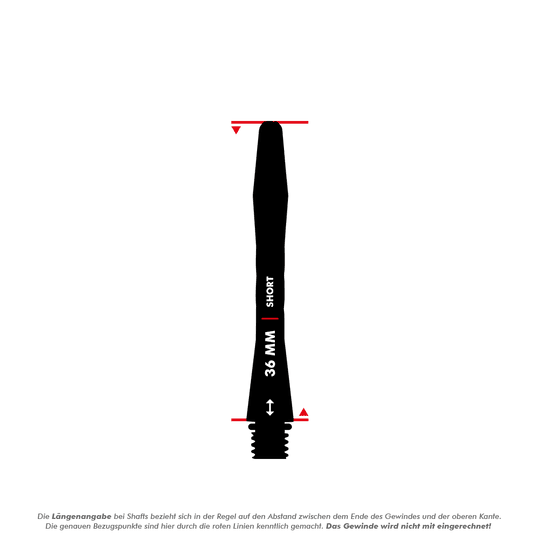 C648_Red_Dragon_Gerwyn_Price_V-Groove_Aluminium_Shafts_Black_5_36mm Das Bild zeigt einen schwarzen Aluminium-Dartshaft mit einer Länge von 36 mm. Auf dem Shaft steht "SHORT" und "36 MM" und an den Enden sind rote Markierungen.