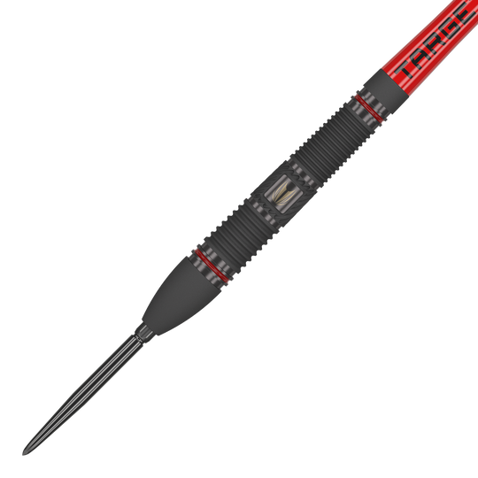 Fléchettes en acier Target Scope 02 Swiss Point Das Bild zeigt einen Target Scope 02 Swiss Point Steeldart mit einem schwarzen und roten Design. Der Dartpfeil hat eine gerillte Griffzone und eine scharfe Metallspitze.