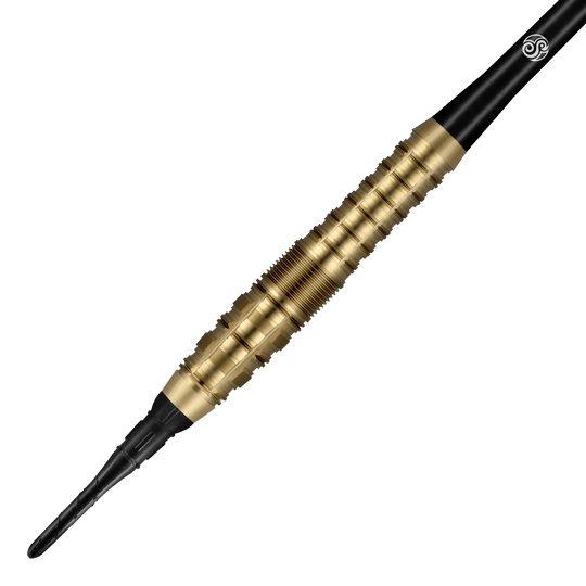 Fléchettes souples Shot Redline Gizmo - 20 g Das Bild zeigt einen Shot Redline Gizmo Softdart mit einem Gewicht von 20 Gramm. Der Dartpfeil hat einen goldfarbenen, geriffelten Griffbereich und eine schwarze Spitze.