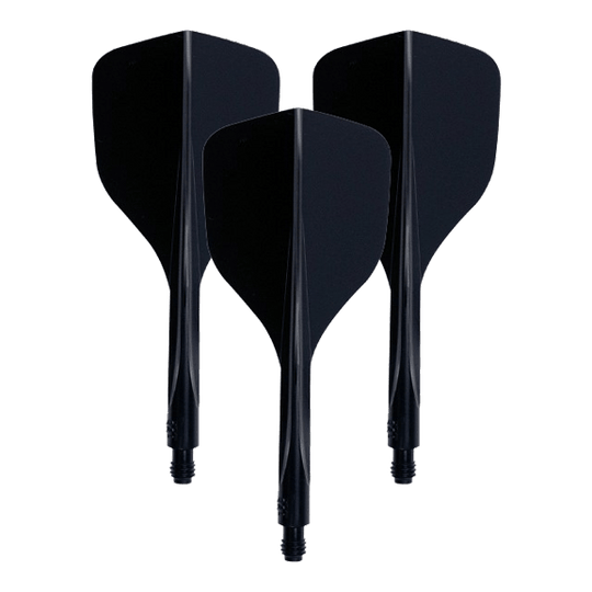 Système de vol Condor Ax 120 Noir - Petit Das Bild zeigt drei schwarze Dart-Flights mit integriertem Schaft. Es handelt sich um das Produkt "Condor Axe 120 Flight-System Schwarz - Small".